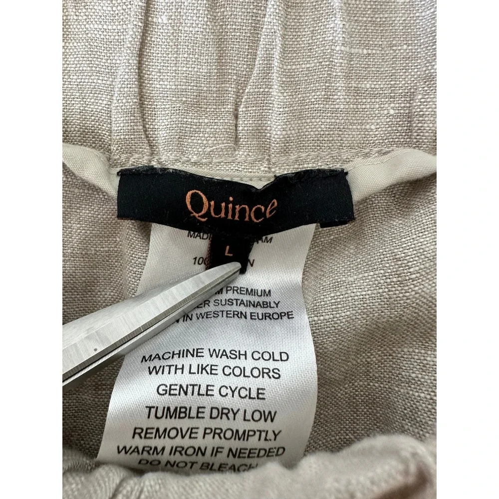 Quince Linen Pants Size L Oatmeal Beige Pull on Straight Leg Elastic Waist